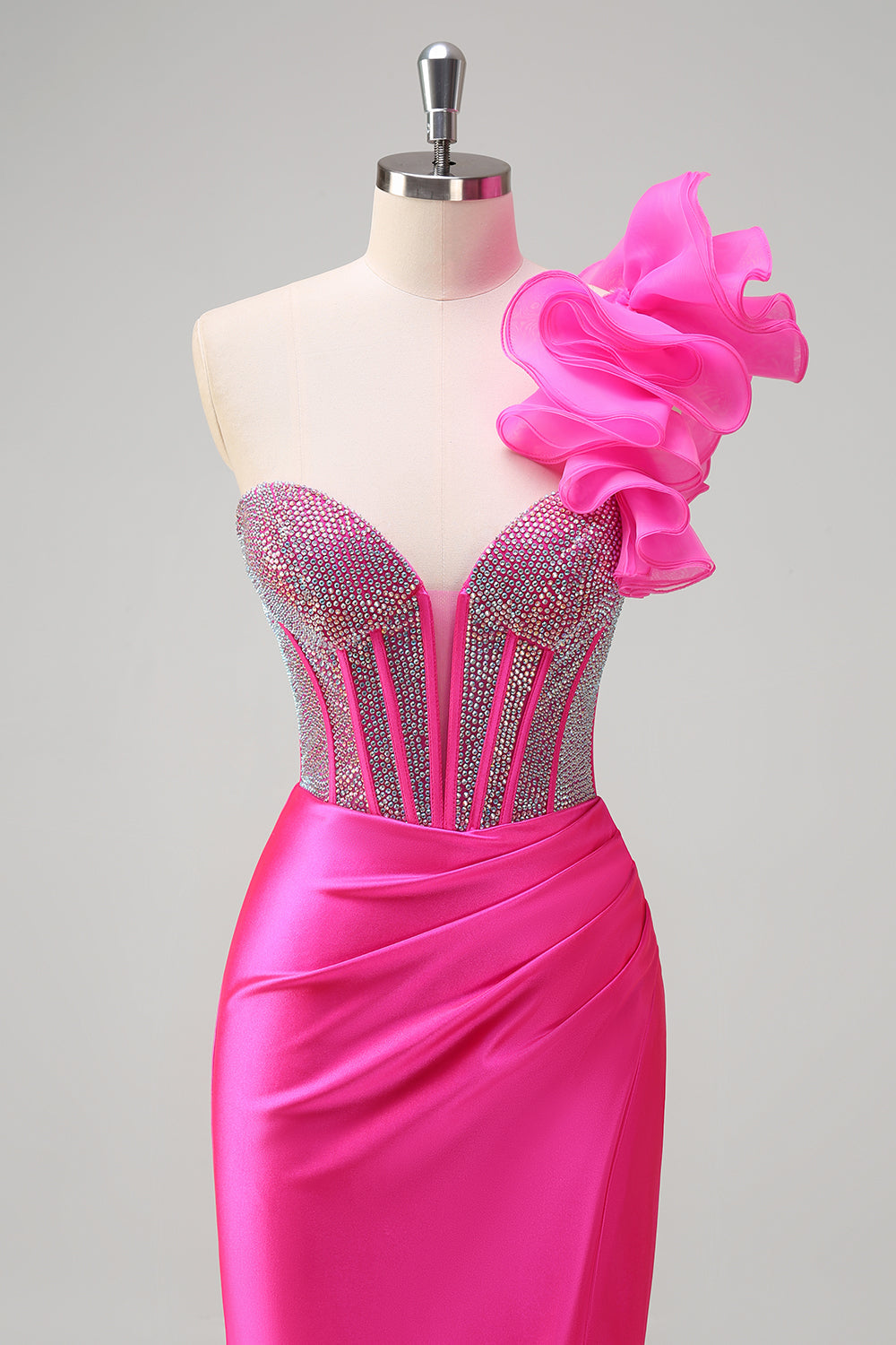 Sparkly Fuchsia Mermaid One Shoulder Removable Ruffles Long Formal Dress with Slit