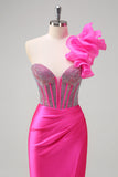 Sparkly Fuchsia Mermaid One Shoulder Removable Ruffles Long Formal Dress with Slit