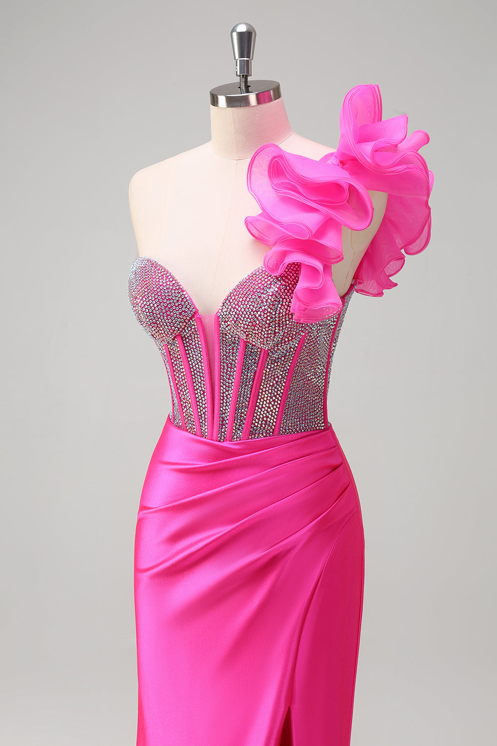 Sparkly Fuchsia Mermaid One Shoulder Removable Ruffles Long Formal Dress with Slit