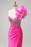 Sparkly Fuchsia Mermaid One Shoulder Removable Ruffles Long Formal Dress with Slit