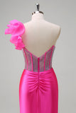 Sparkly Fuchsia Mermaid One Shoulder Removable Ruffles Long Formal Dress with Slit