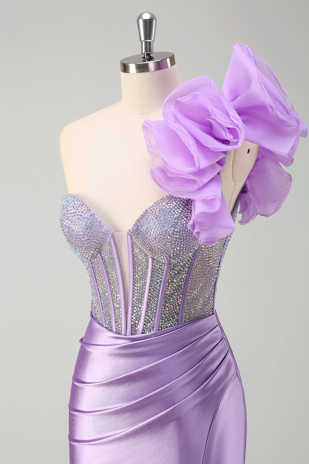 Sparkly Lilac Mermaid Beaded Corset One Shoulder Long Formal Dress with Slit