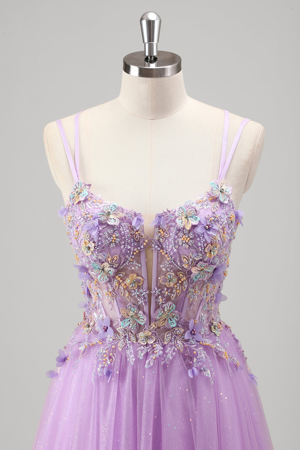 Sparkly Beaded Lilac Floral Appliques Corset Formal Dress