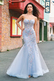 Light Blue Floral Beaded Mermaid Spaghetti Straps Tulle Formal Dress