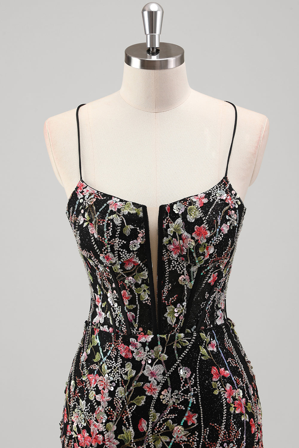 Black Floral Beaded Mermaid Spaghetti Straps Tulle Formal Dress