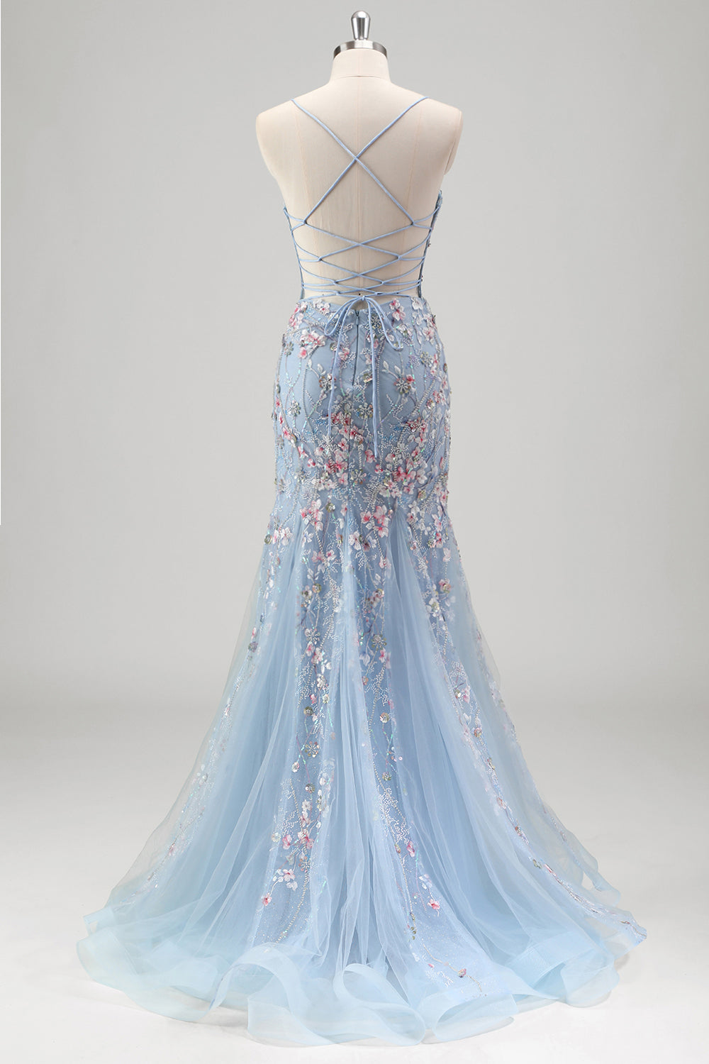 Light Blue Floral Beaded Mermaid Spaghetti Straps Tulle Formal Dress