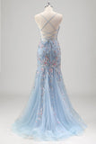Black Floral Beaded Mermaid Spaghetti Straps Tulle Formal Dress