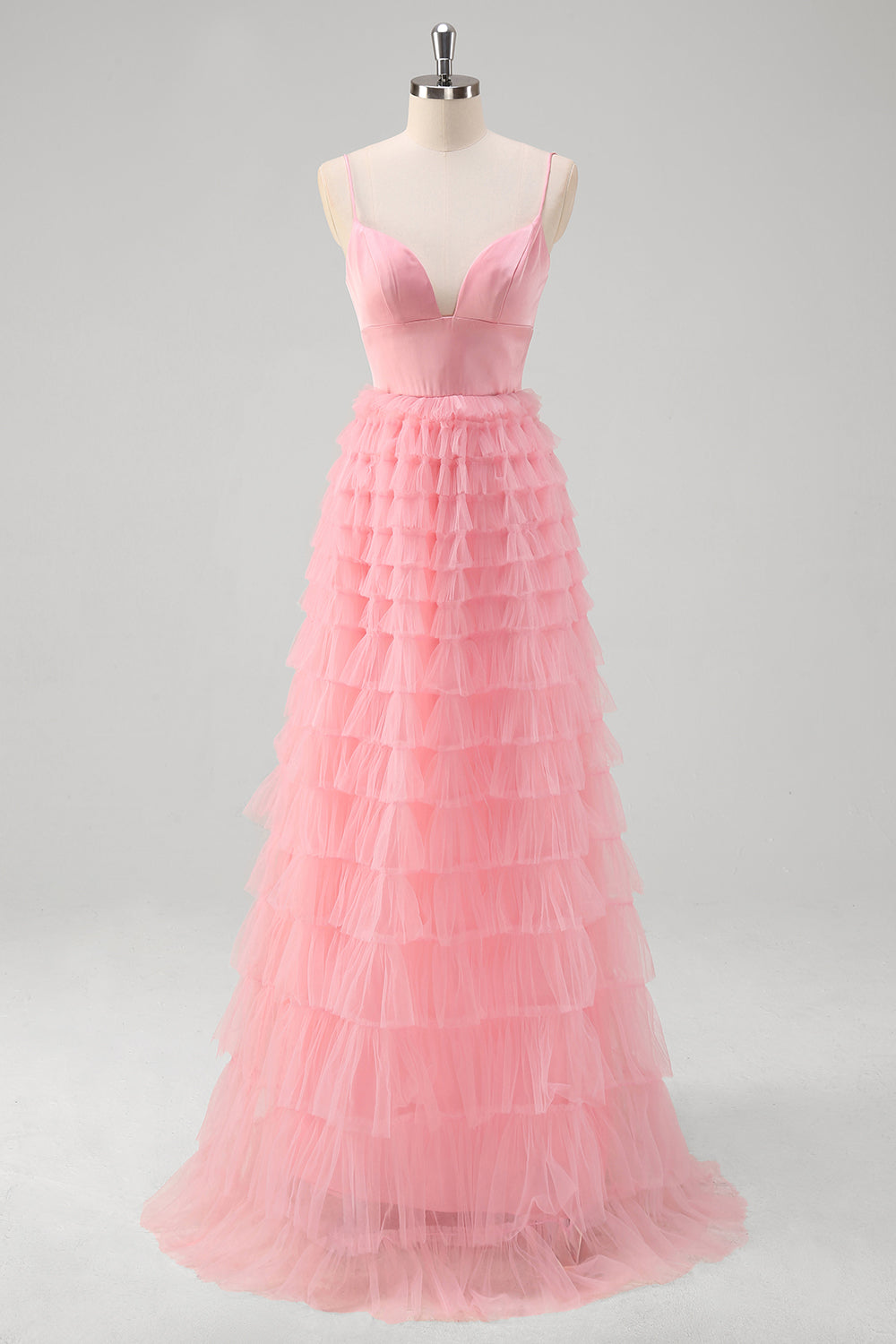 Pink A Line Spaghetti Straps Tulle Tiered Long Formal Dress