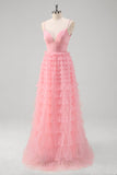 Pink A Line Spaghetti Straps Tulle Tiered Long Formal Dress