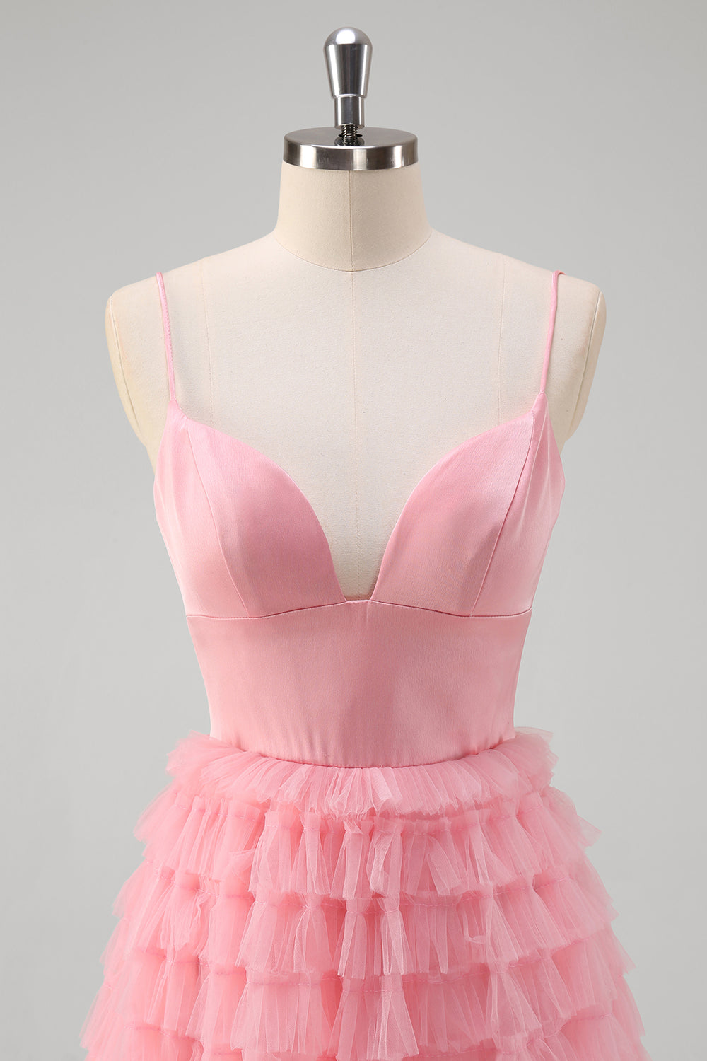 Pink A Line Spaghetti Straps Tulle Tiered Long Formal Dress