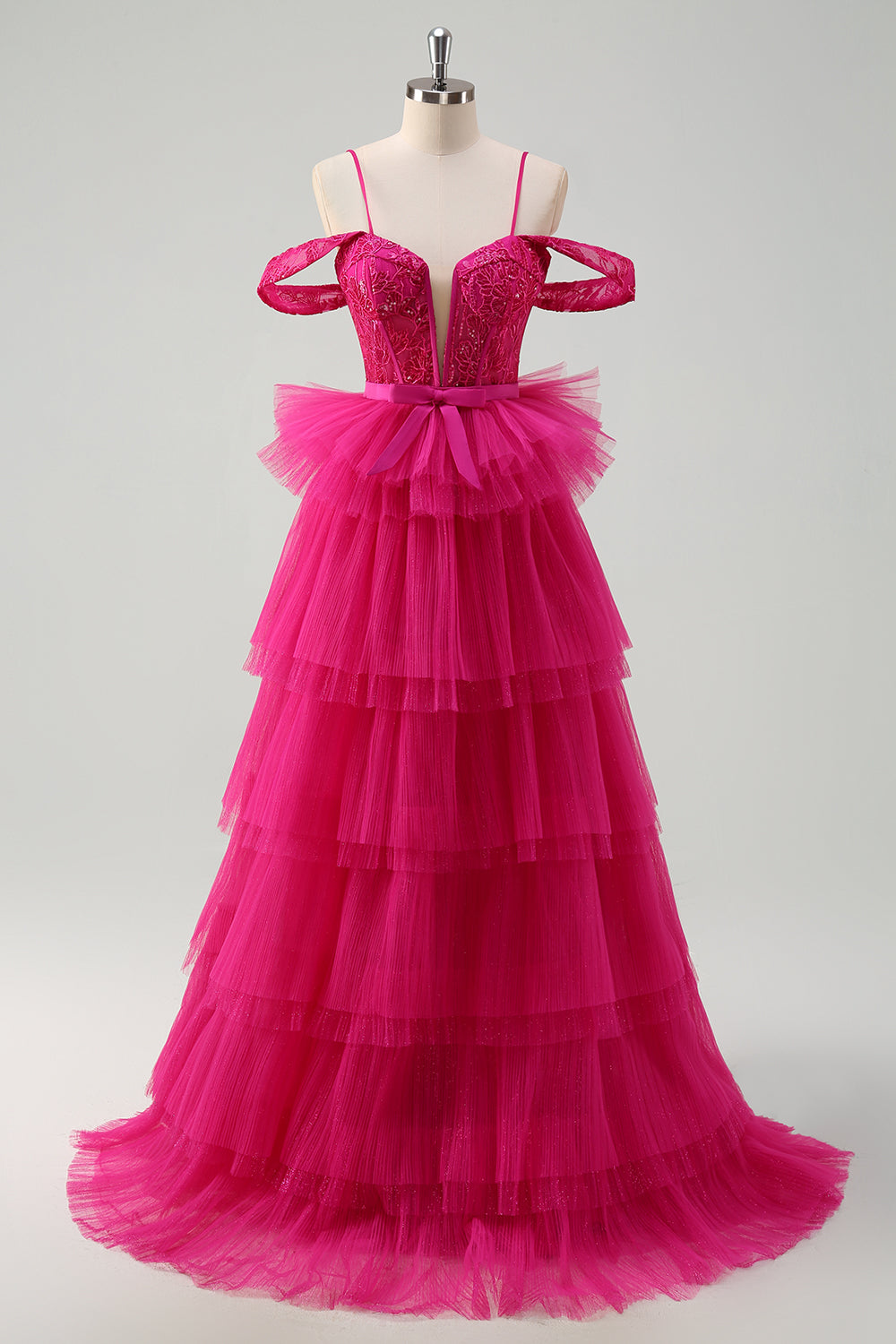 Hot Pink Cold Shoulder A-Line Tulle Tiered Long Formal Dress with Appliques