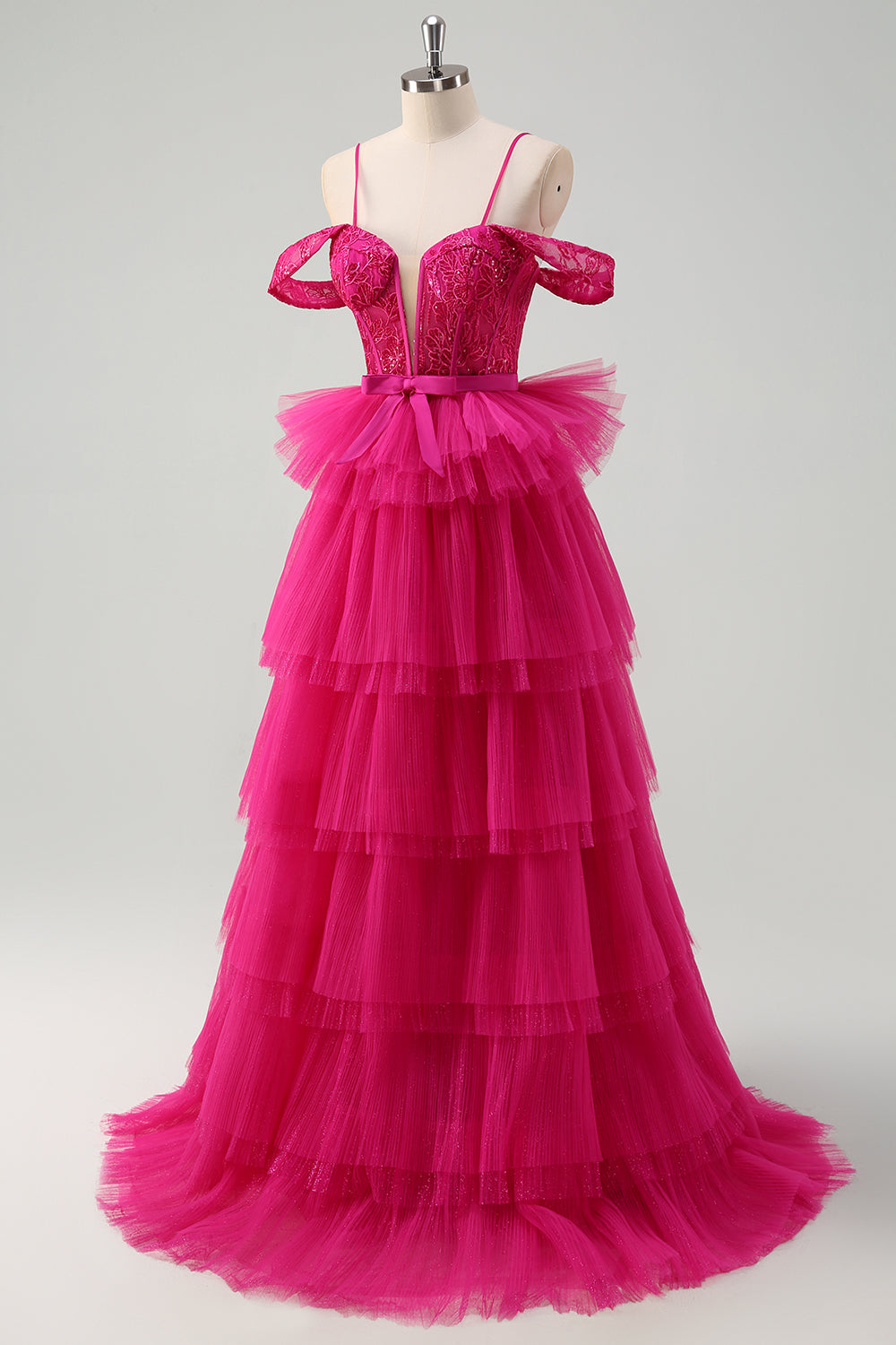 Hot Pink Cold Shoulder A-Line Tulle Tiered Long Formal Dress with Appliques