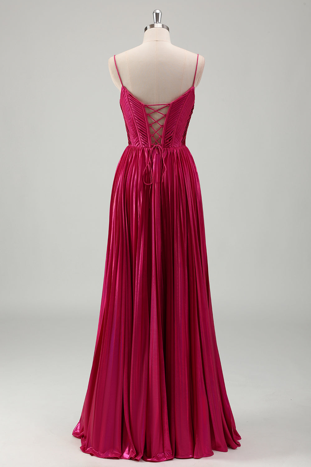 Fuchsia A Line Spaghetti Straps Corset Pleated Formal Dress with Lace Up Back