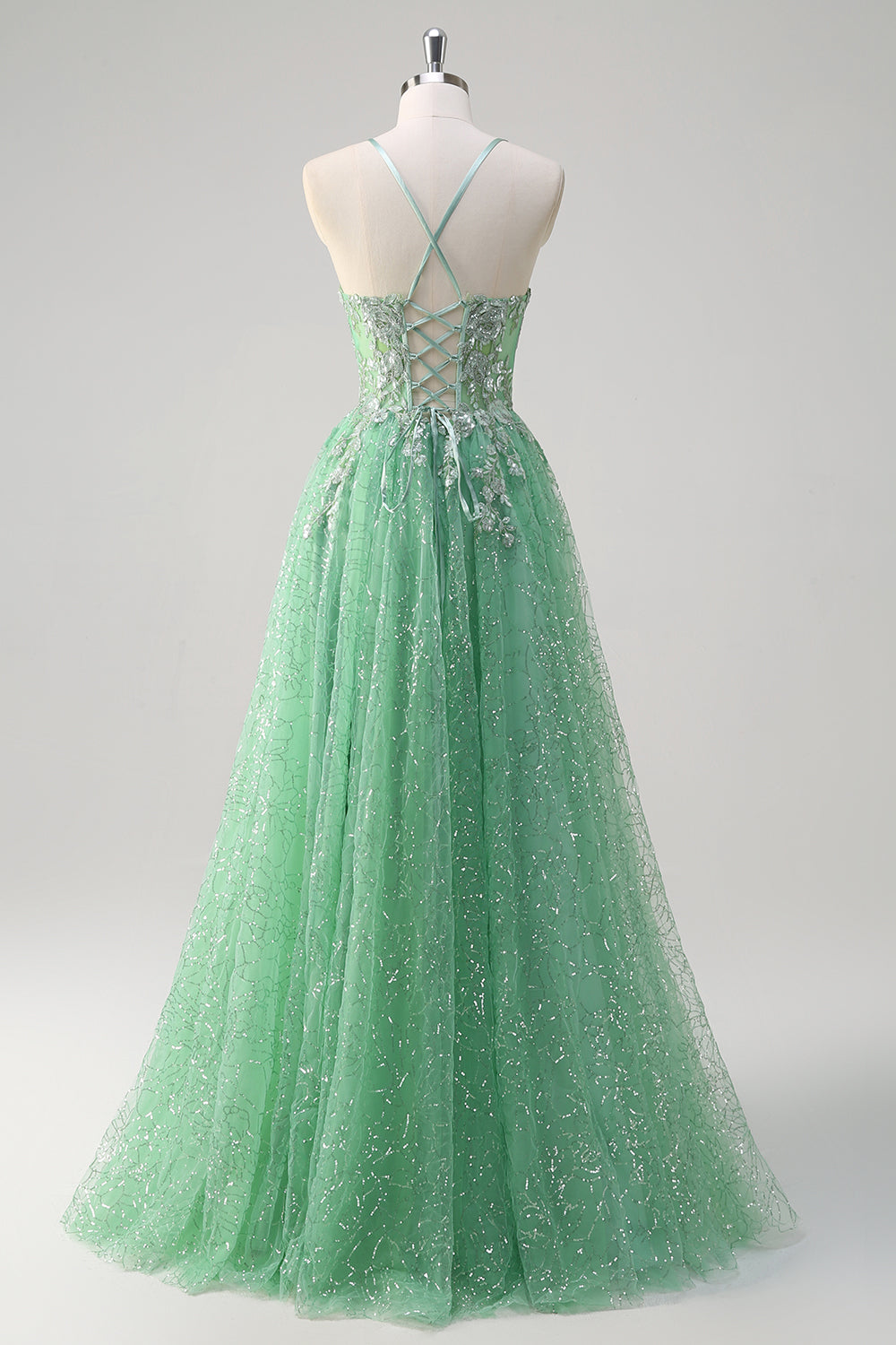 Sparkly Light Green A Line Spaghetti Straps Corset Tulle Formal Dress with Slit