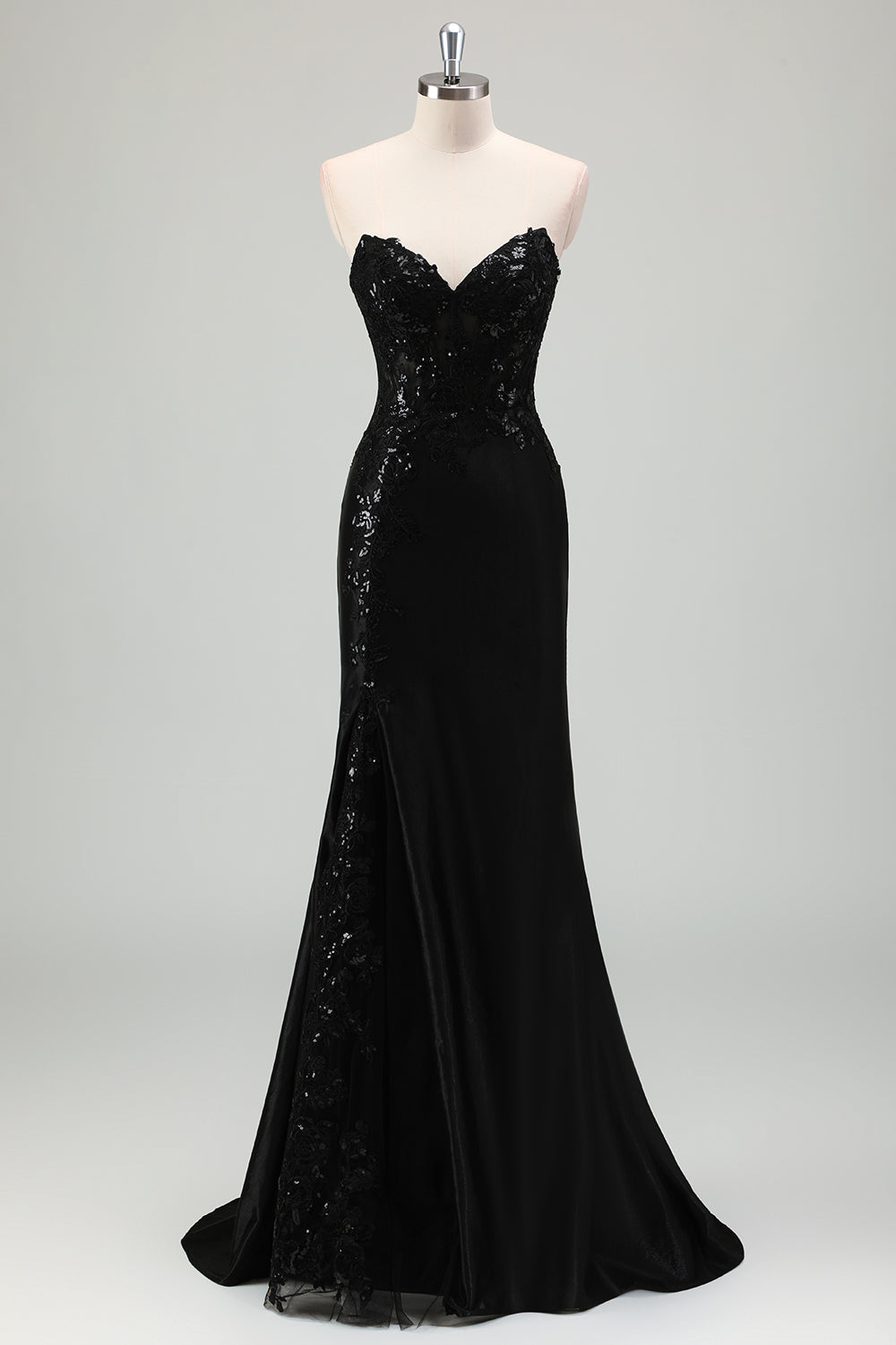 Sparkly Black Mermaid Strapless Corset Appliques Long Formal Dress with Slit