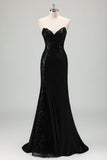 Sparkly Black Mermaid Strapless Corset Appliques Long Formal Dress with Slit
