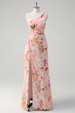 Peach Floral Printed One Shoulder Long Formal Dress