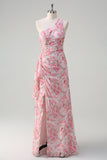 Pink Floral One Shoulder Long Formal Dress With Slit
