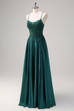 Dark Green A-Line Spaghetti Straps Satin Beaded Long Formal Dress with Appliques