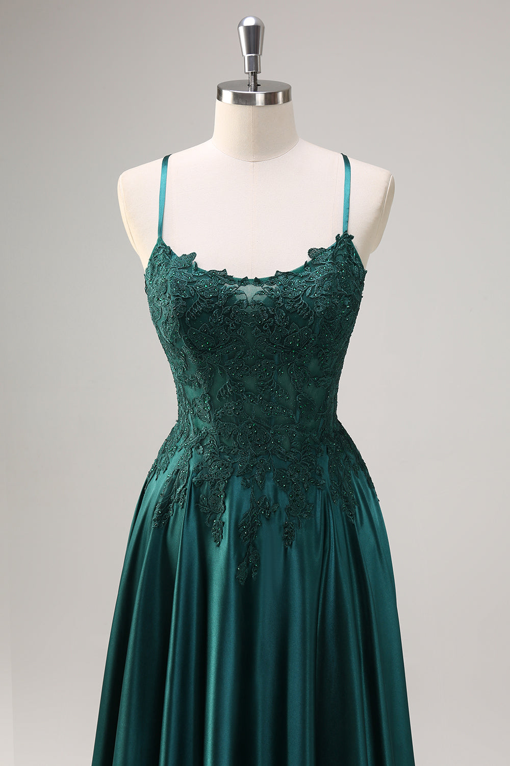 Dark Green A-Line Spaghetti Straps Satin Beaded Long Formal Dress with Appliques