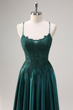 Dark Green A-Line Spaghetti Straps Satin Beaded Long Formal Dress with Appliques