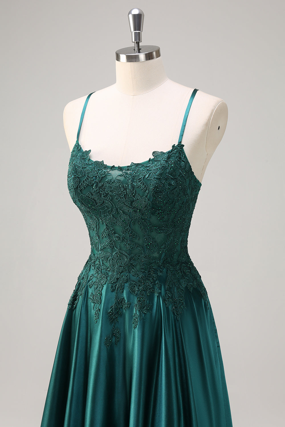 Dark Green A-Line Spaghetti Straps Satin Beaded Long Formal Dress with Appliques
