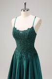 Dark Green A-Line Spaghetti Straps Satin Beaded Long Formal Dress with Appliques