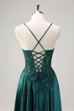 Dark Green A-Line Spaghetti Straps Satin Beaded Long Formal Dress with Appliques