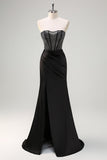 Black Mermaid Strapless Ruched Satin Corset Long Formal Dress with Beading