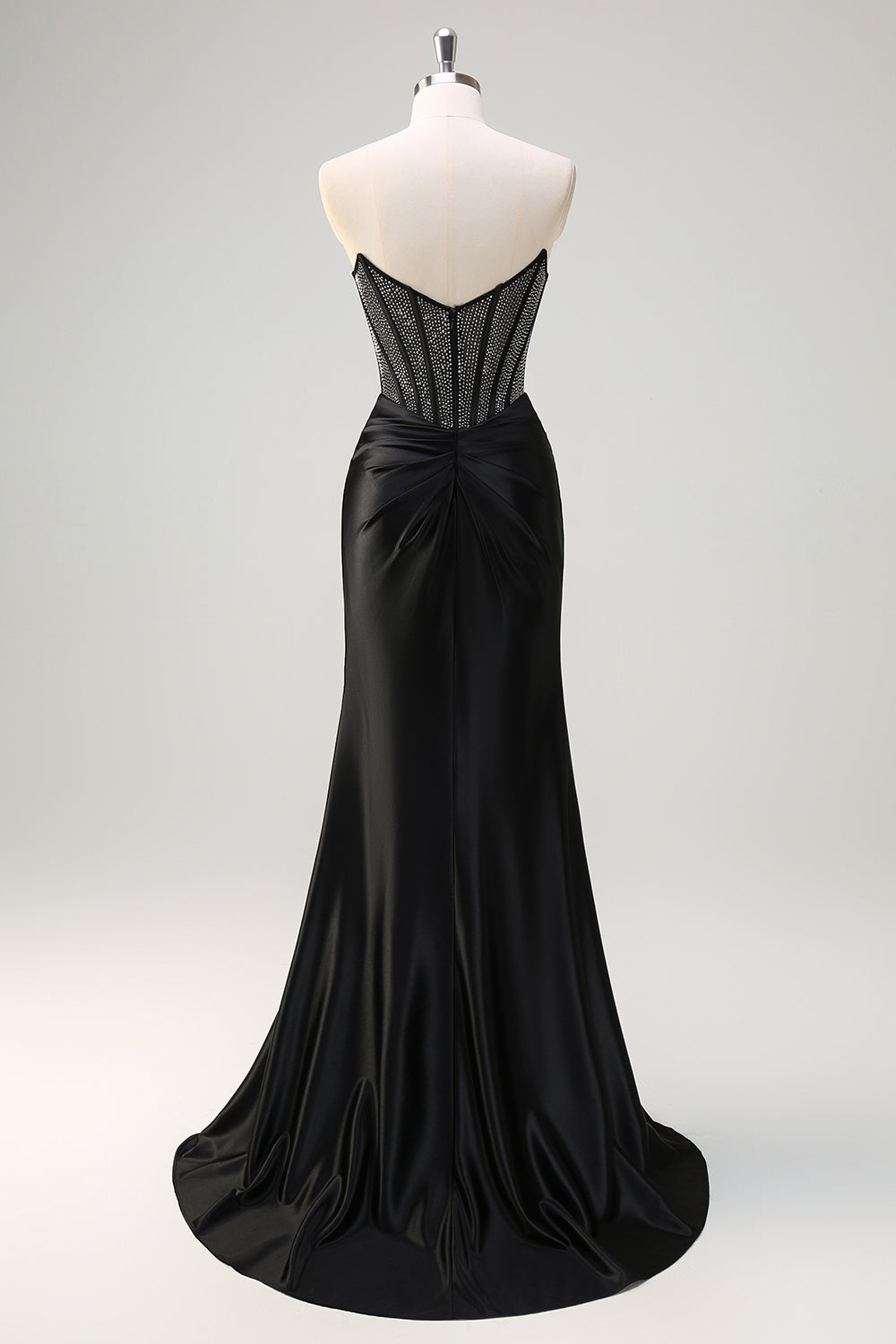 Black Mermaid Strapless Ruched Satin Corset Long Formal Dress with Beading