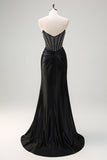 Black Mermaid Strapless Ruched Satin Corset Long Formal Dress with Beading