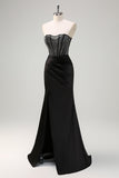 Black Mermaid Strapless Ruched Satin Corset Long Formal Dress with Beading