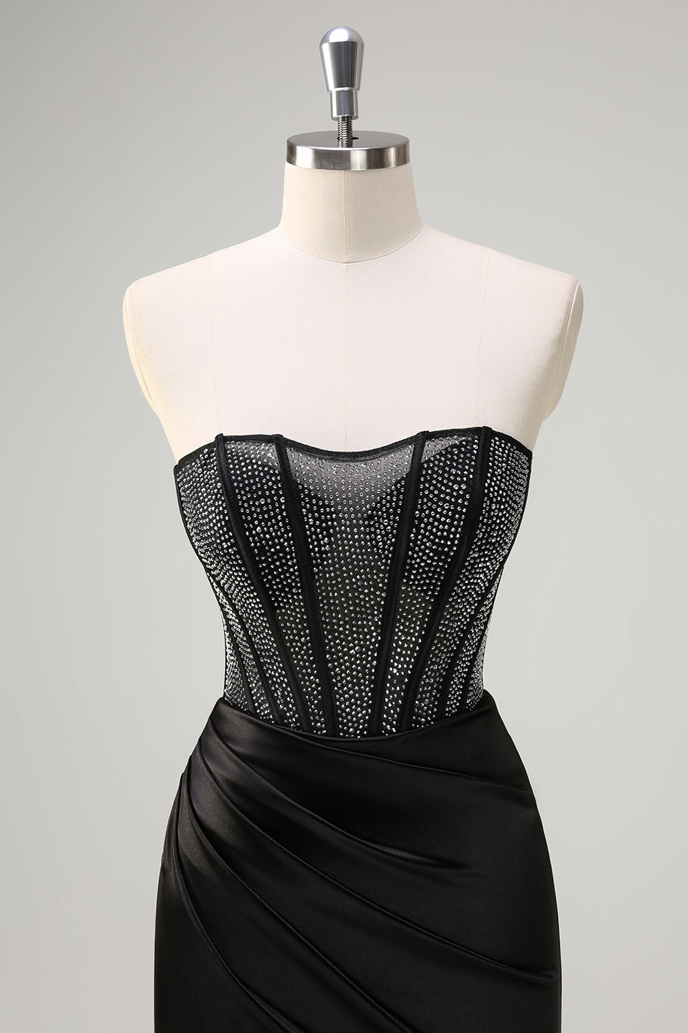 Black Mermaid Strapless Ruched Satin Corset Long Formal Dress with Beading