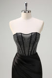 Black Mermaid Strapless Ruched Satin Corset Long Formal Dress with Beading