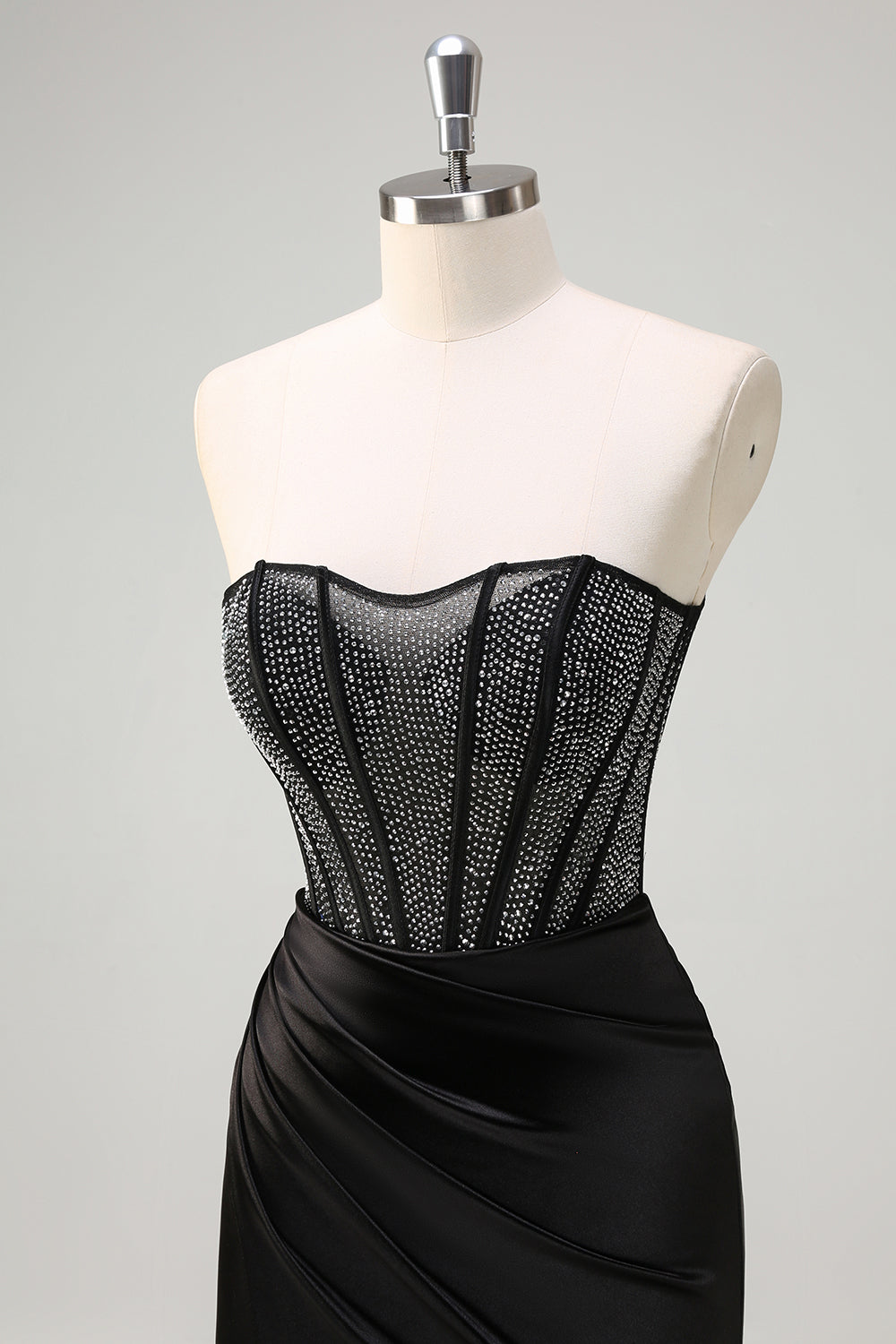 Black Mermaid Strapless Ruched Satin Corset Long Formal Dress with Beading
