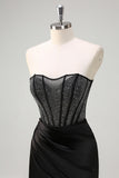 Black Mermaid Strapless Ruched Satin Corset Long Formal Dress with Beading