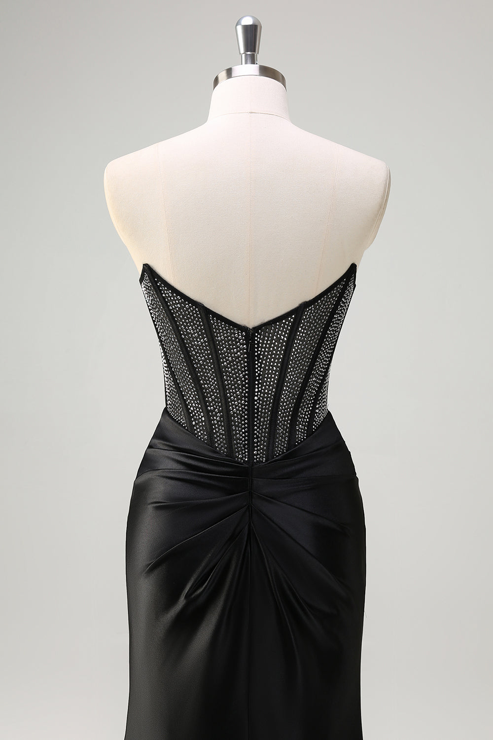 Black Mermaid Strapless Ruched Satin Corset Long Formal Dress with Beading