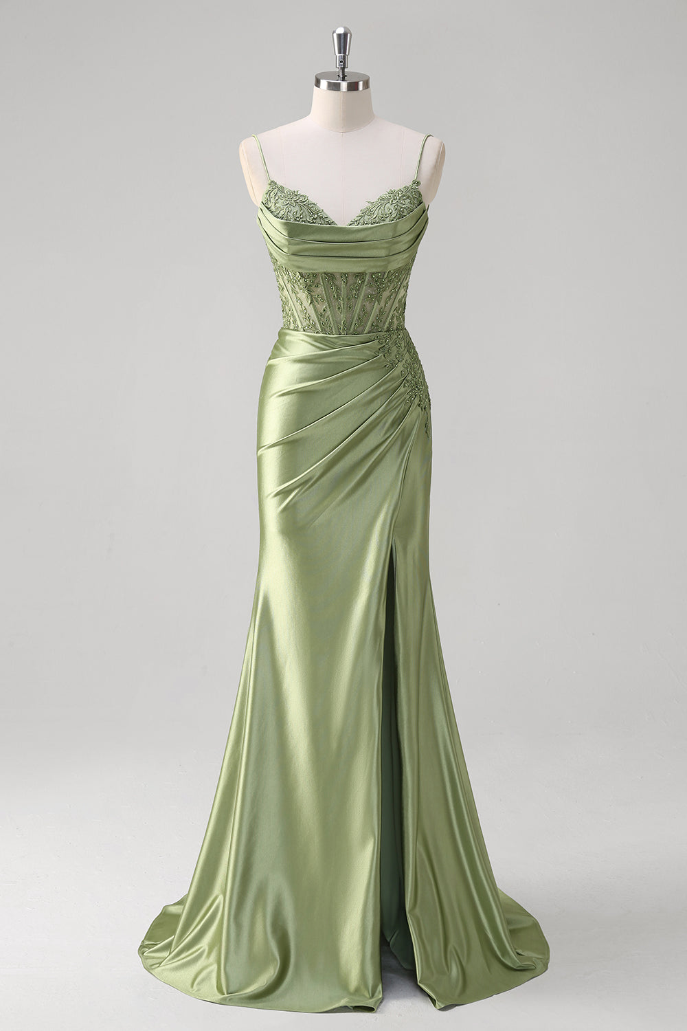 Mermaid Green Corset Spaghetti Straps Pleated Formal Dress