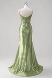 Mermaid Green Corset Spaghetti Straps Pleated Formal Dress