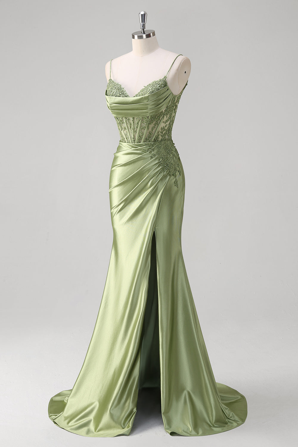 Green Mermaid Spaghetti Straps Pleated Corset Formal Dress