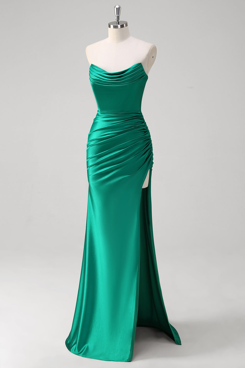 Green Mermaid Strapless Satin Ruched Long Formal Dress with Slit