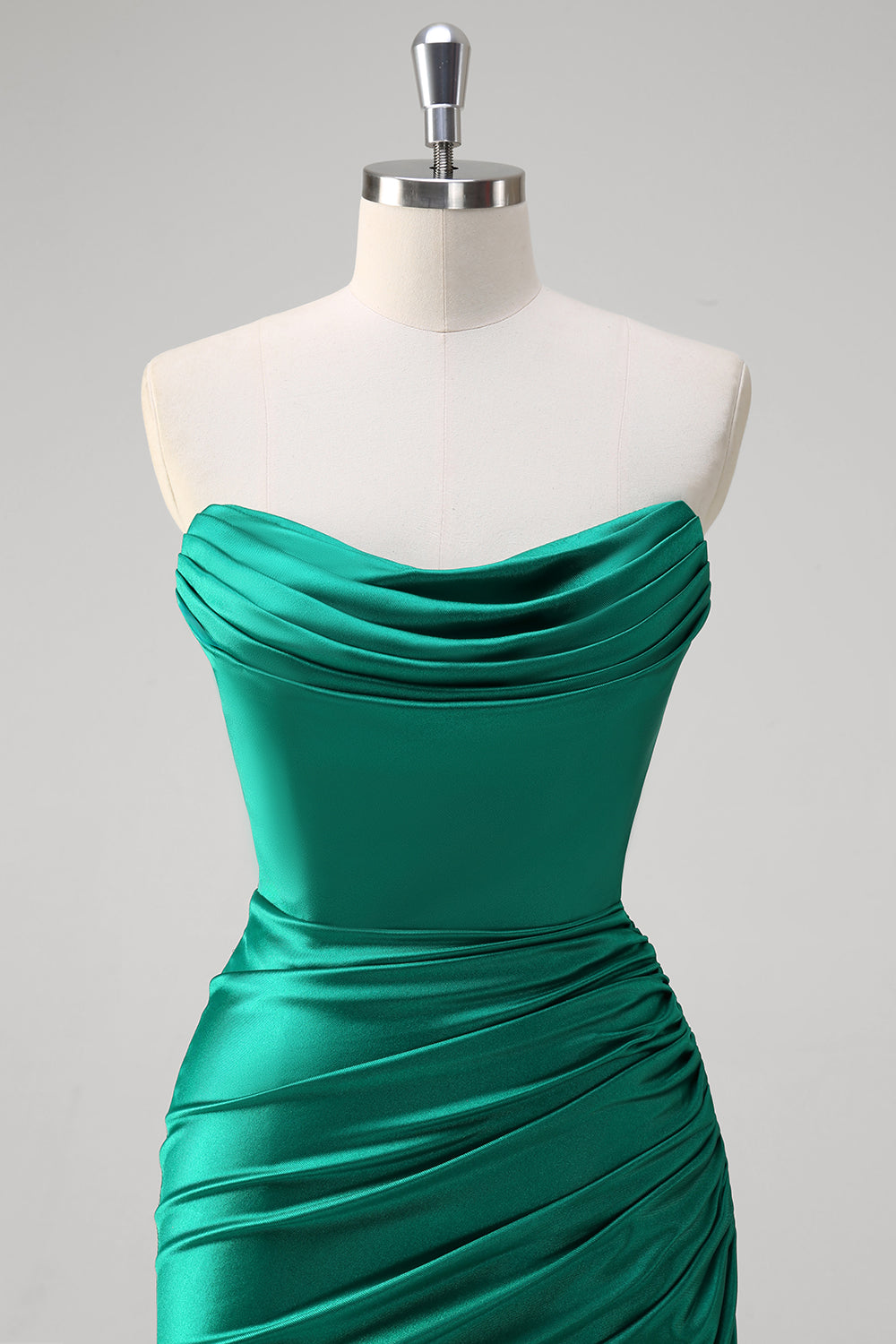 Green Mermaid Strapless Satin Ruched Long Formal Dress with Slit