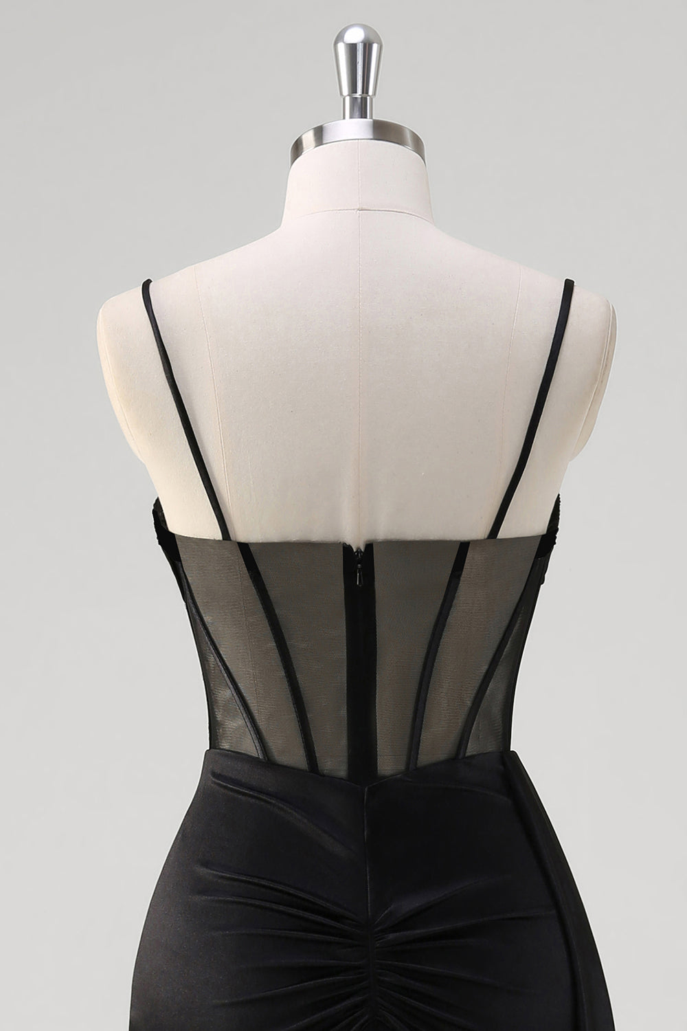 Black Spaghetti Straps Satin Mermaid Long Corset Formal Dress with Slit