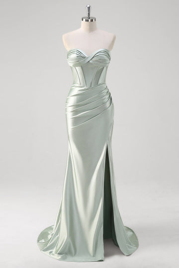 Matcha Mermaid Sweetheart Satin Ruched Long Corset Formal Dress with Slit