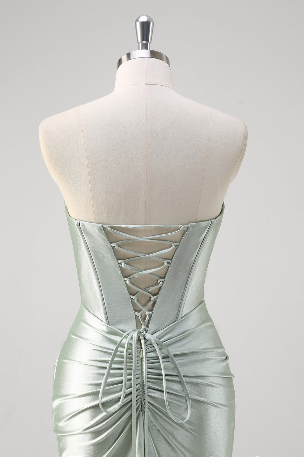 Matcha Mermaid Sweetheart Satin Ruched Long Corset Formal Dress with Slit