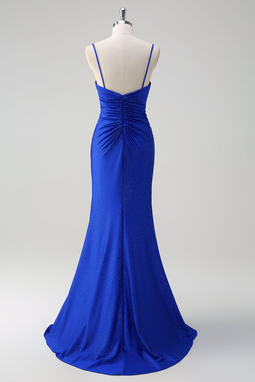 Glitter Royal Blue Mermaid Spaghetti Straps Ruched Long Formal Dress With Slit