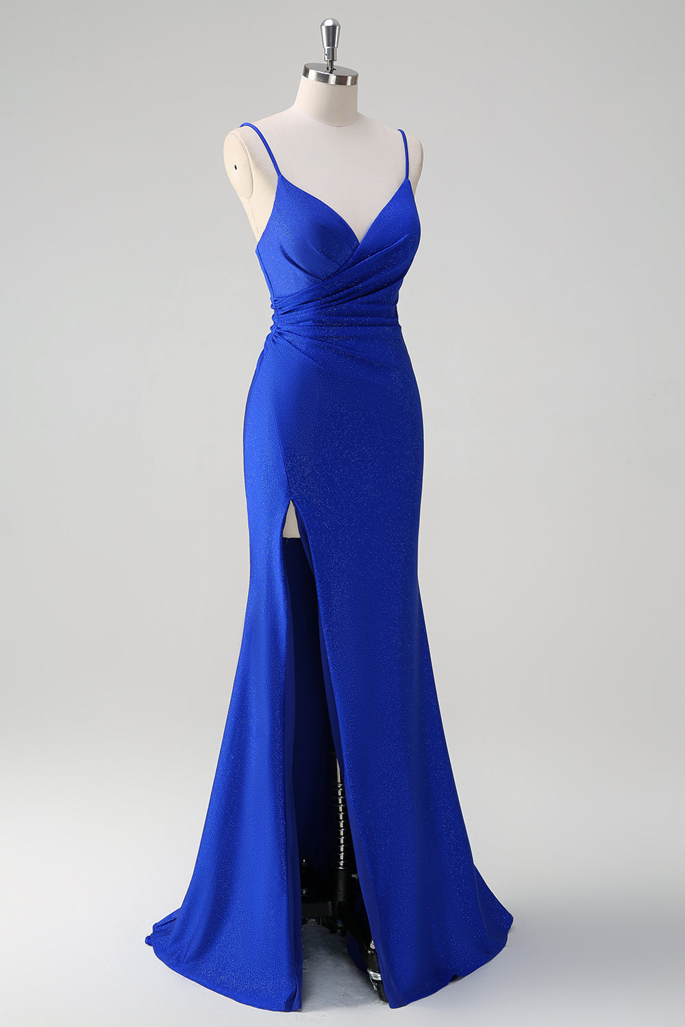 Glitter Royal Blue Mermaid Spaghetti Straps Ruched Long Formal Dress With Slit