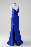 Glitter Royal Blue Mermaid Spaghetti Straps Ruched Long Formal Dress With Slit