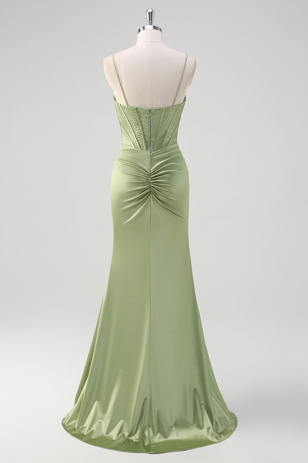 Green Mermaid Spaghetti Straps Corset Long Beaded Formal Dress With Slit