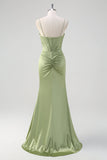Green Mermaid Spaghetti Straps Corset Long Beaded Formal Dress With Slit